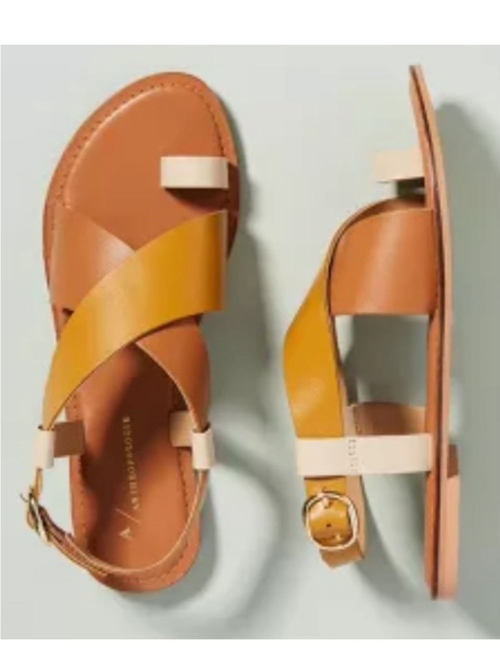 Anthropologie Tan and Mustard Leather Cross-Strap Sandals